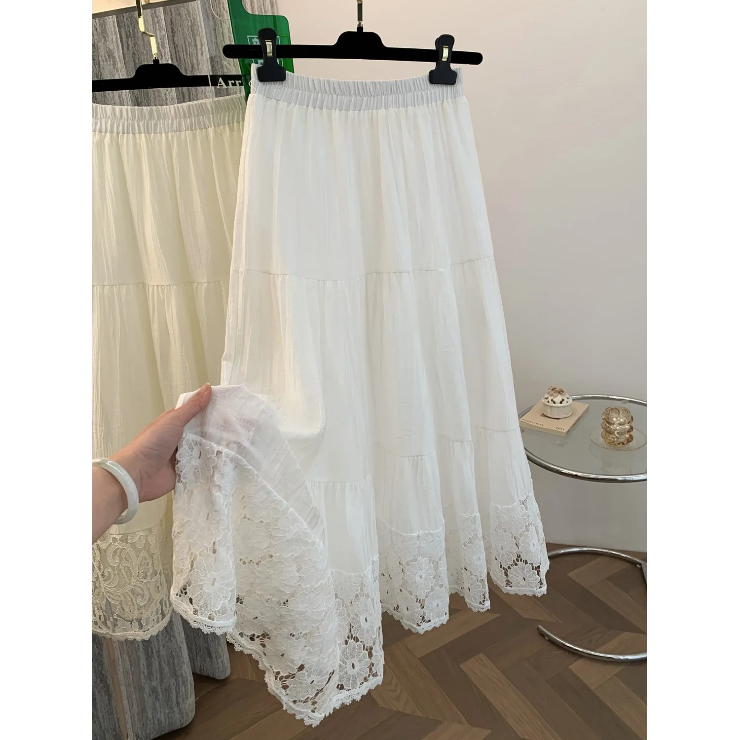 

Юбка женская с высокой талией, вышивкой и кружевными вставками, свободного кроя, средней длины, летняя, новый стиль, универсальная, элегантная и стильная