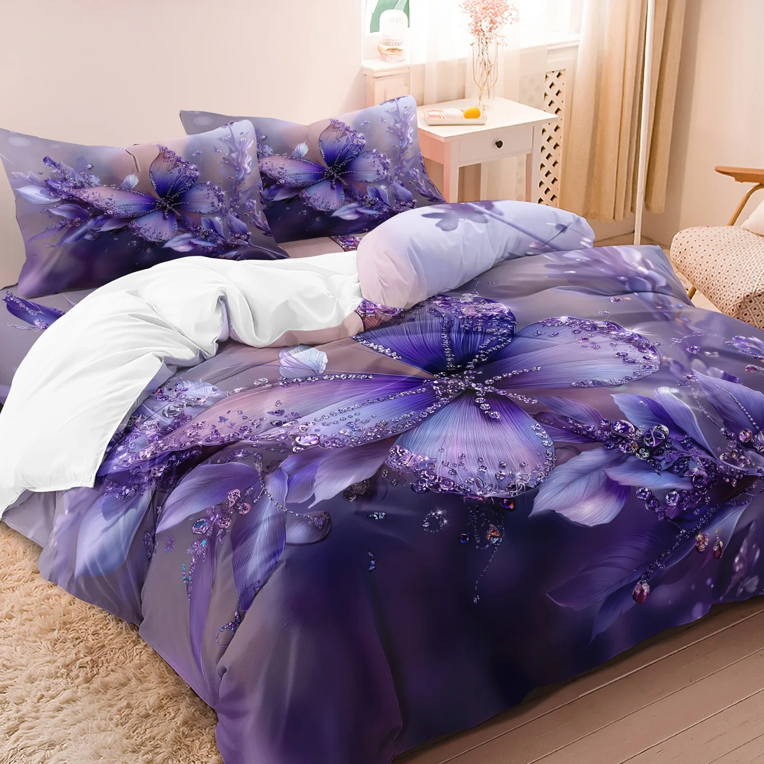 3 Pieces Dreamy Purple Butterfly Duvet Cover Set, Gradient Violet Crystal Floral Printed Bedding, For Bedroom Home Decoration