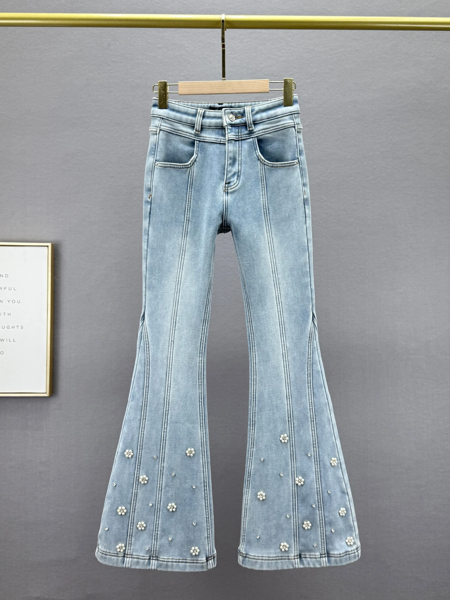 

Thiened Fce High Waist Bell Bot Jeans Women's Trendy Winter New Sle Slimming Long Pants European Sle Embellied