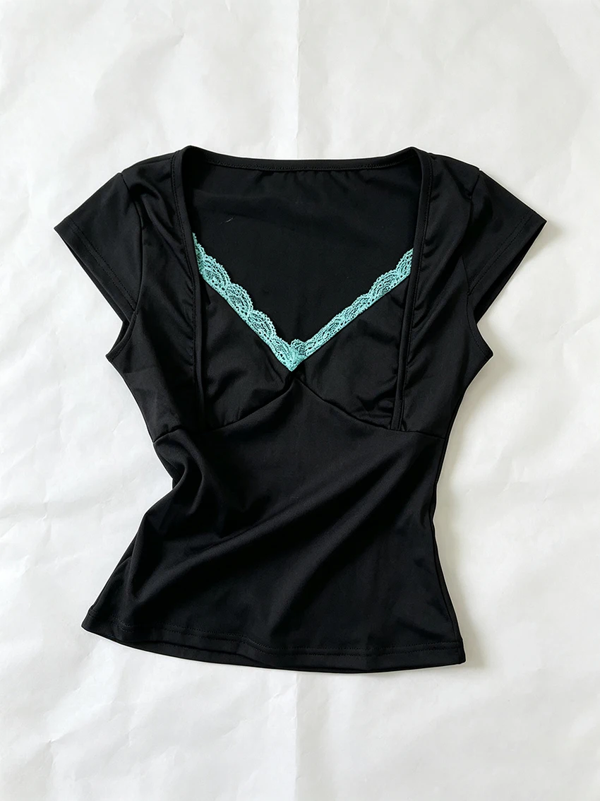 Harajuku Kawaii Women Black Crop Top Mint Green Lace Decor V Neck Cap Sleeve Slim Short T-shirt Daily Summer Fashion Punk Outfit