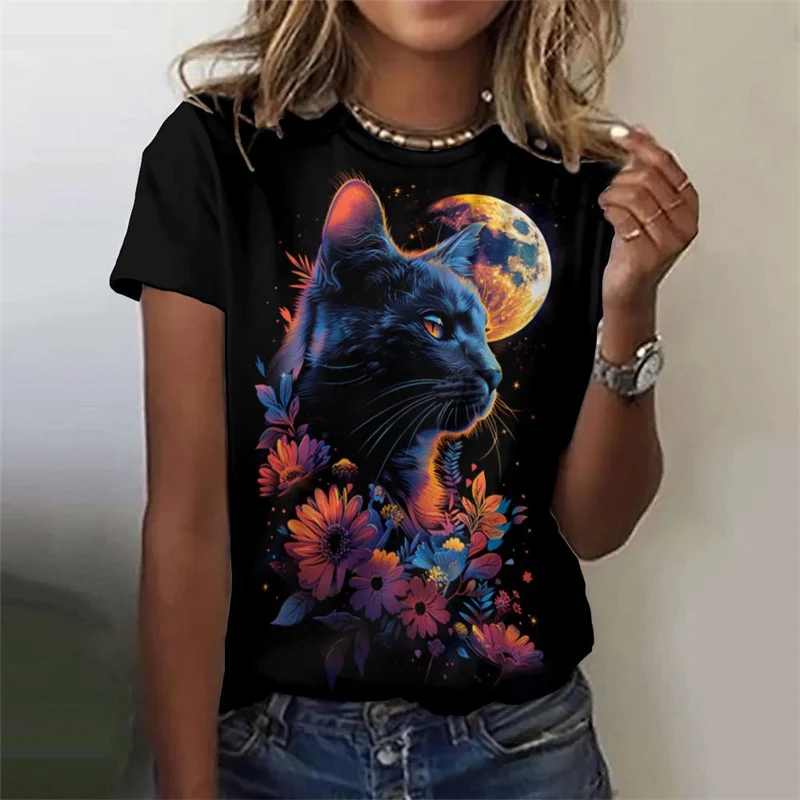 

Flower Cat Pattern T-Shirt For Women Colorful Animal 3D Printed T Shirts Summer Fashion Street Tees O-Neck Tops Short Sleeves