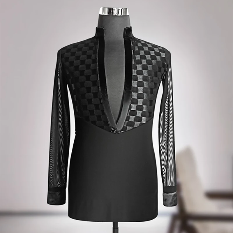 

Male Black Plaid Latin Dance Tops Long Sleeve Competition Wear Tango Ballroom Dance Clothes Adult Salsa ChaCha Dancewear VDB5955