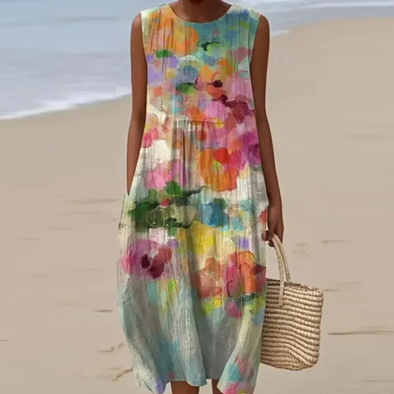 Robe longue plissée avec poches imprimées Vintage, col ras du cou, ample, style Boho, sans manches, décontractée, pour la plage, printemps, été