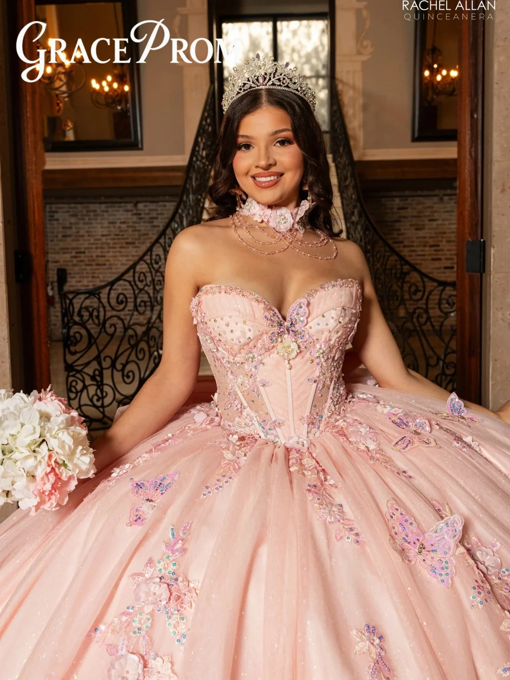 

Elegant Blush Pink Quinceanera Dress Off Shoulder Sweetheart Sheer 3D Butterfly Appliques Glitter Tulle Gown For Sweet 16 Party