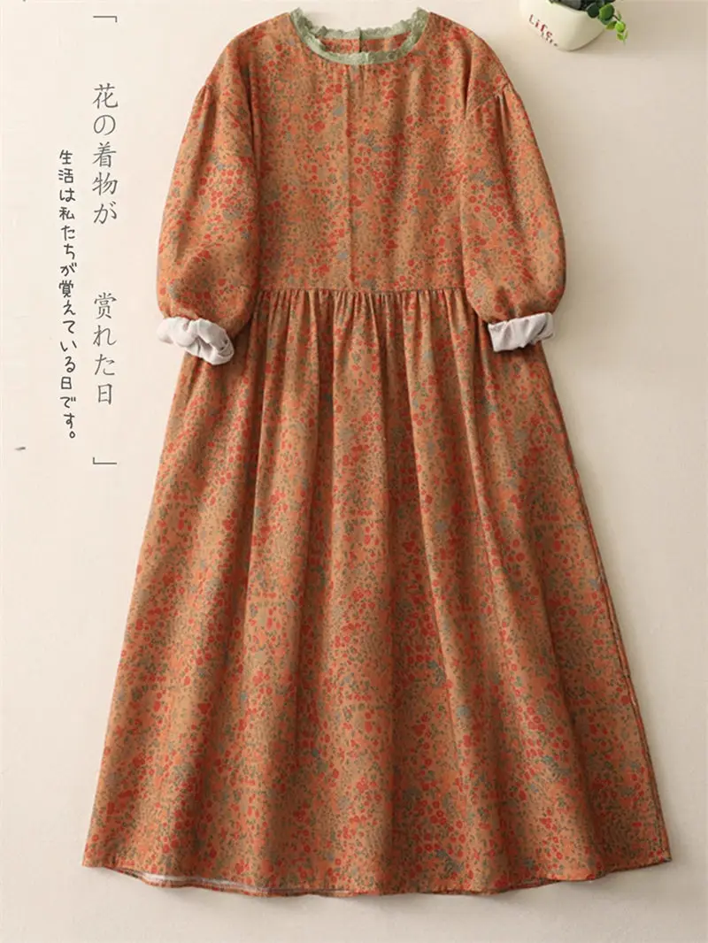 Vestido feminino estilo japonês primavera com gola de renda floral – vestido midi de manga comprida em camadas soltas de linho de algodão JJ958