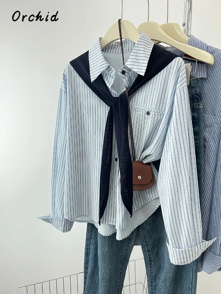 

Korean Chic Style Striped Print Long Sleeve Single Breasted Shirt 2025 Winter Women's Casual Street Turn-Down Collar Blouse Top