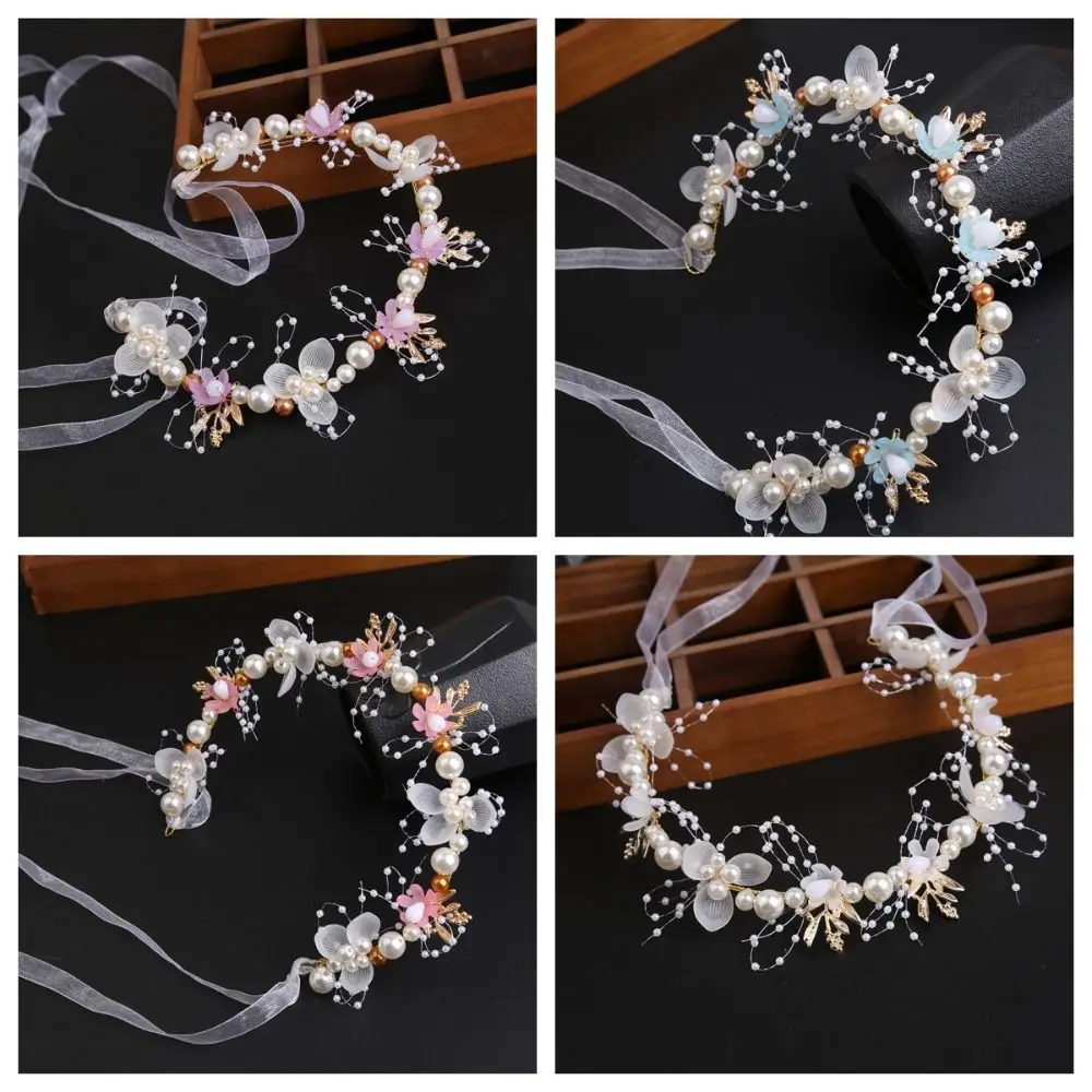 Imitated Pearl Bride Hair Jewelry Hair Ornaments Headwear Flower Hair Hoop Ribbon Headress Wedding Headwear Bridal Headwear