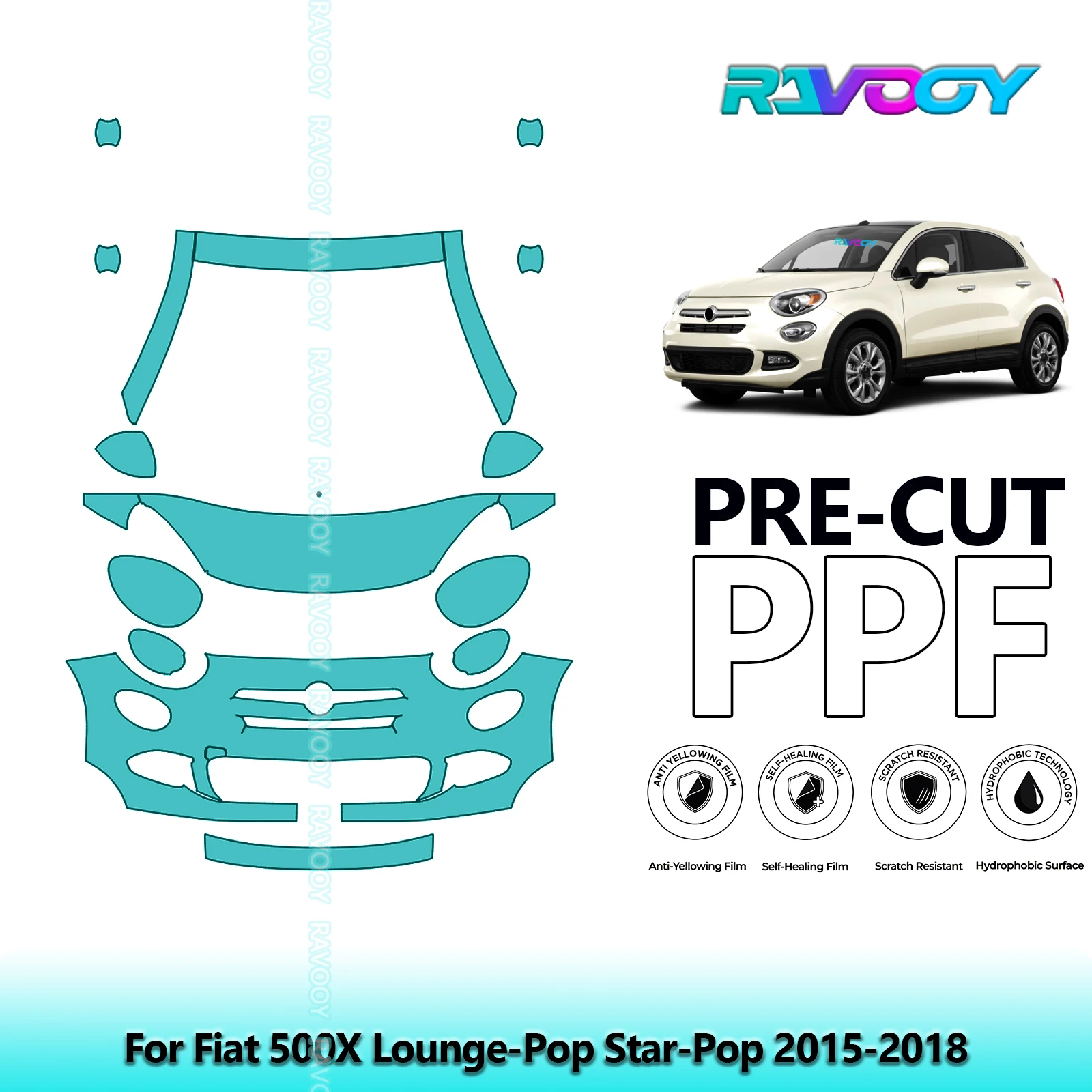 For Fiat 500X Lounge-Pop Star-Pop 2015-2018 Partial Front Pre-Cut Paint Protection Film PPF Stone Chip Kit | Clear/Matte/Black