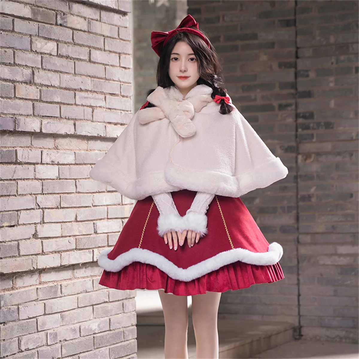 Japanese Kawaii Girls Cosplay Lolita Winter Hat Cloak White Fluffy Warm Sheep Ears  Cute Cartoon Sweet  Solid Color Cloak