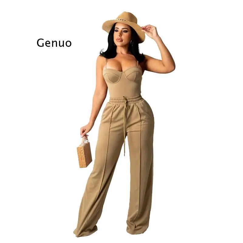 Fashion Solid Color Casual Sexy Two Piece Set Women's Backless Camisole Drawstring High Waist Wide Leg Pants Bodycon Outfits