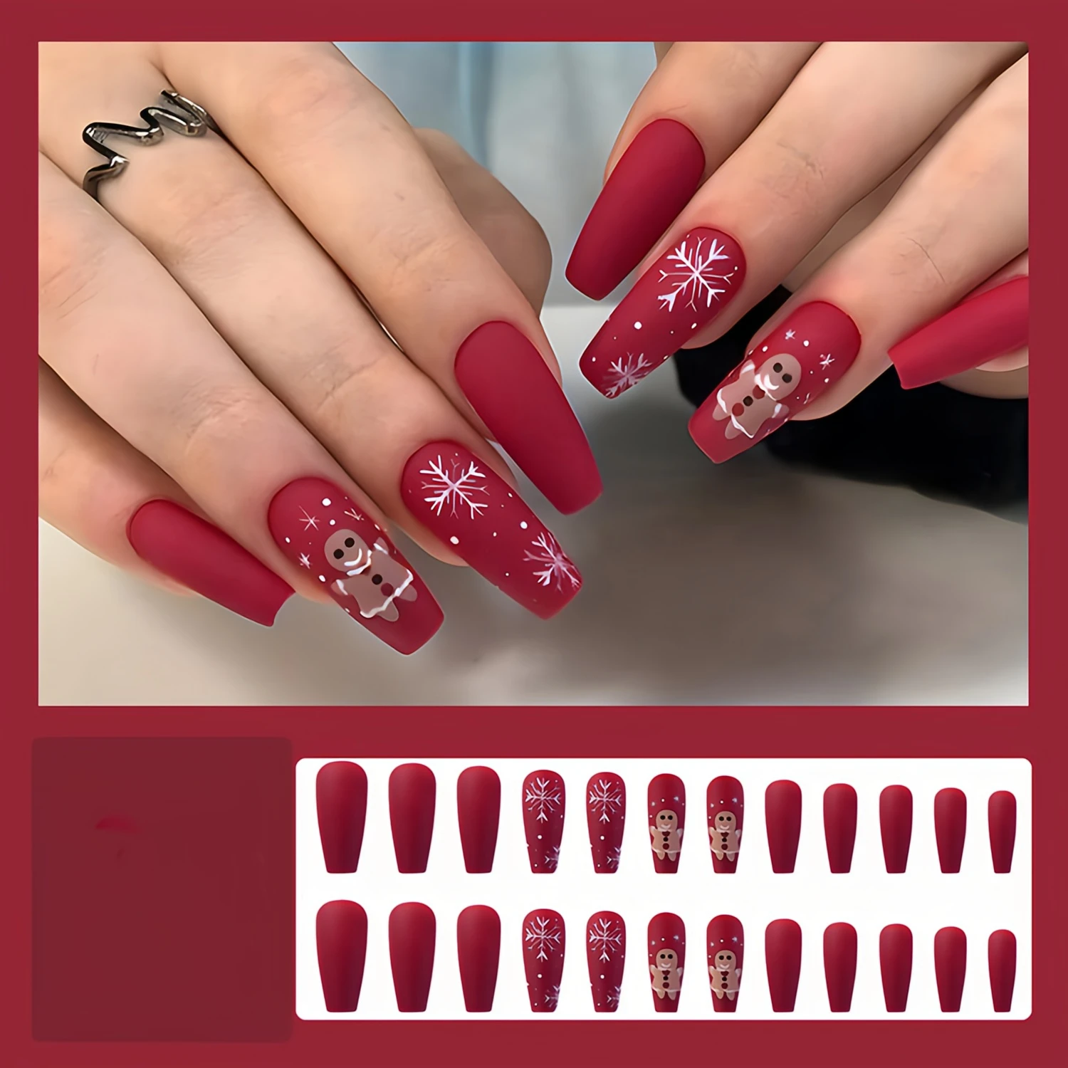 เล็บปลอมลายเกล็ดหิมะขนาดกลางยาว 24 ชิ้น/ชุด พร้อมกาว ผงกลิตเตอร์ สำหรับฤดูหนาว คริสต์มาส แต่งเล็บปลอมสำหรับทำเล็บ