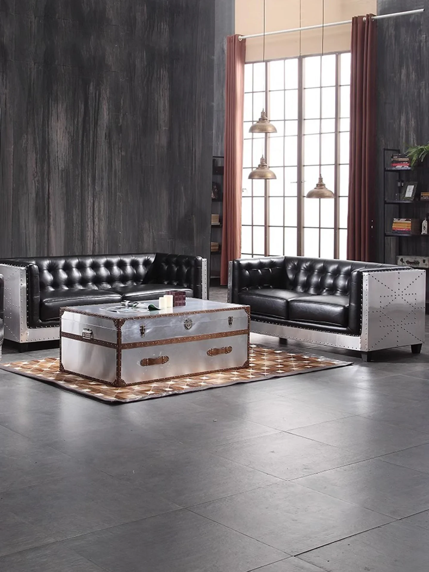 Sofa oil wax leather leather sofa American retro cigar bar bar aluminum leather punk style metal sofa