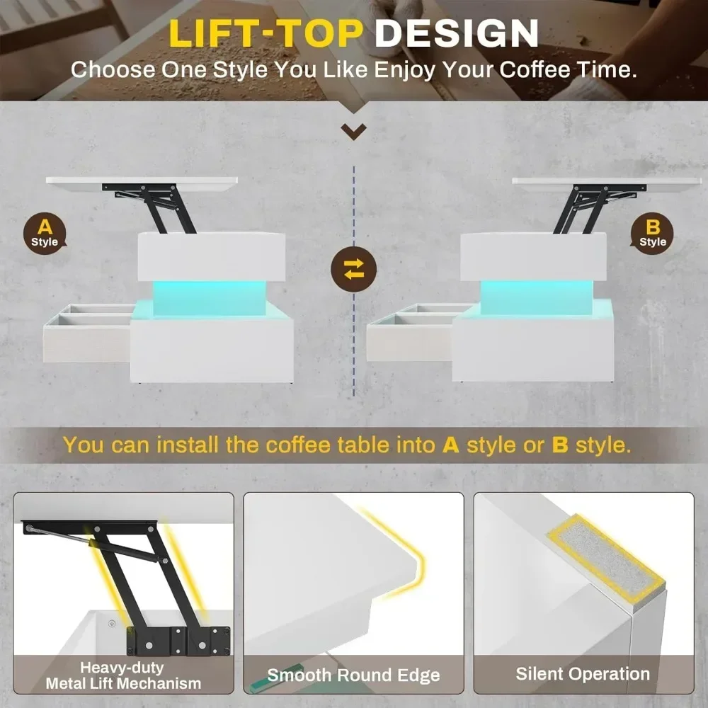 Mesa de centro elevatória, mesas de centro com armazenamento para sala de estar, mesa de centro pequena com 2 gavetas de tecido e luz LED