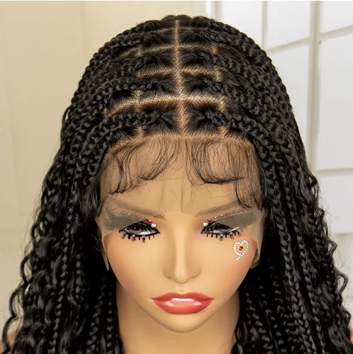 36 Inches Long Boho Braided Wigs with Baby Hair Synthetic Full Lace Knotless Box Braiding Wig with Curly Lace Frontal Wig