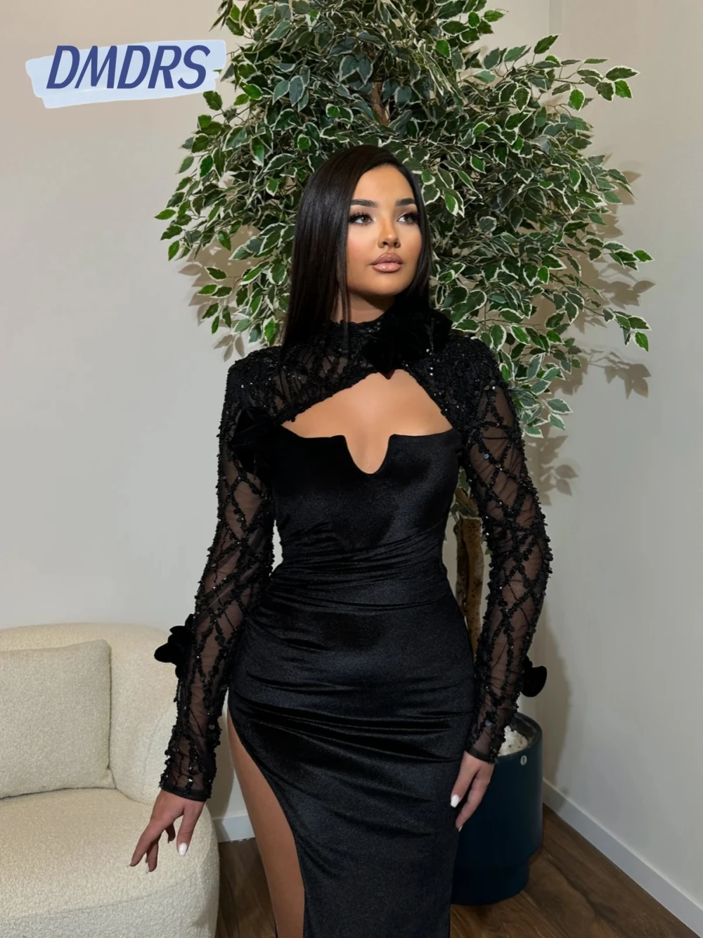 

Black Velvet Straight Evening Dress Sexy High Slit Customized Illusion Long Sleeves Prom Gown New Arrival Formal Events Wear