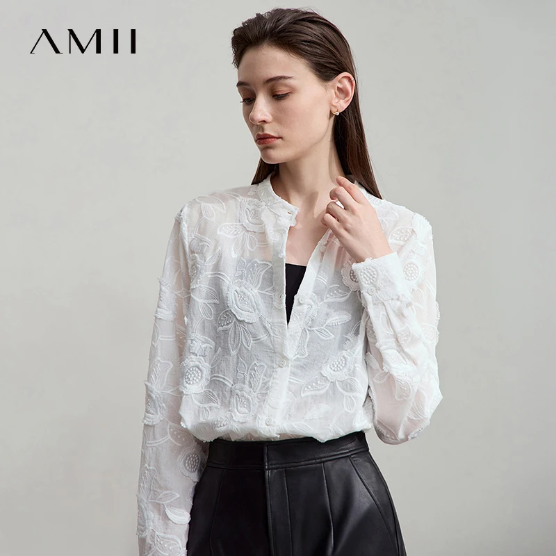 AMII 2025 خريف جديد أنيق التطريز قميص نسائي الوقوف طوق واسعة الكتف مكتب سيدة فضفاضة البلوزات النساء بلايز 12543066