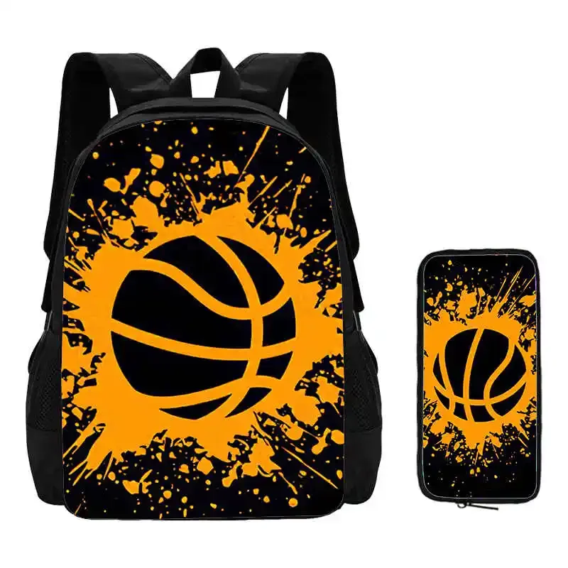 2Pcs Set Basketball Prints School Backpack with Pencil Bags for Kindergarten ,Cartoon Sports School Bags for Boys,Kids Backpack