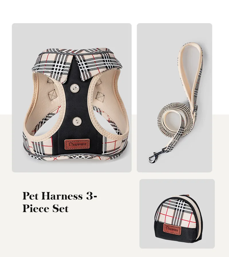 Classic British Plaid Suit Collar Dog Harness Set Reflective Pet Vest Harness With Rope&Bag For Small Medium Cats Dogs Outdoor