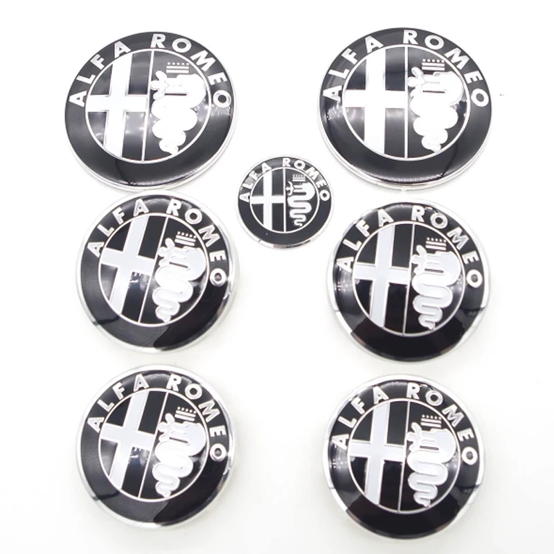 

7Pcs Car Front Hood Rear Trunk Badge Steering Wheel Hubcap Sticker for Alfa Romeo Giulia MiTo Stelvio Giulietta GT 159 147 156