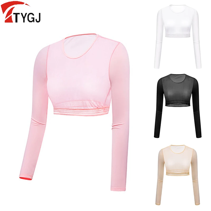 TTYGJ Golf Sunscreen T-shirt Women Ice Silk Golf Crop Top Cooling Bottomings Shirt Lady Breathable Long Sleeve Tops Anti-UV Thin