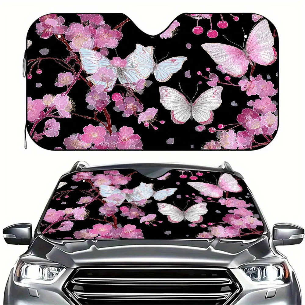 1pc Floral Butterfly Dance Windshield Sunshade & Foldable Car Cover - UV Protection & Heat Reflective, Pink Cherry Blossoms & Wh