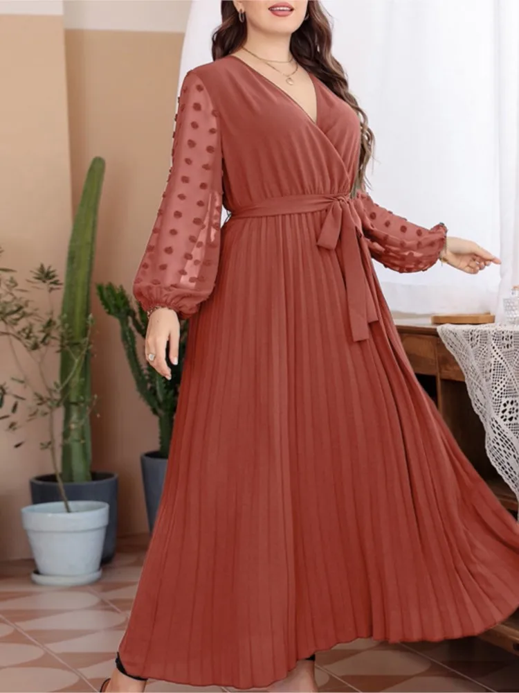 

Women A Line Long Dresses V Neck Full Sleeve Pleated Temperament Lace Up High Waist Vestidos Para Mujer Elegant Party Dresses