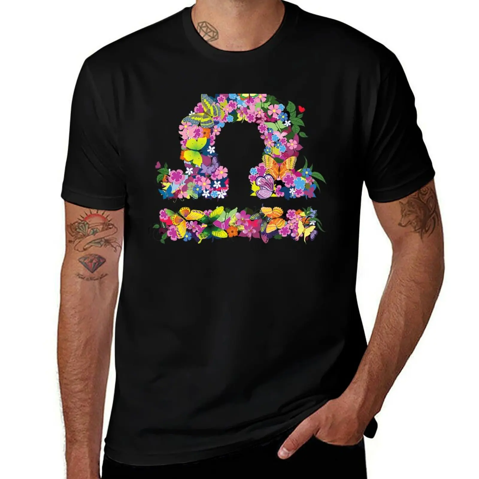 

Libra Colourful Flowers And Butterfly Zodiac Star Sign T-Shirt anime stuff tops black t-shirts for men