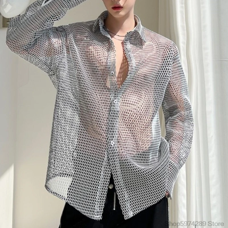 Transparent Mesh Shirt Hollow Out Jacket Personality Breathable Youth Fashion Long Sleeve Tops Men Lapel Party Clubwear