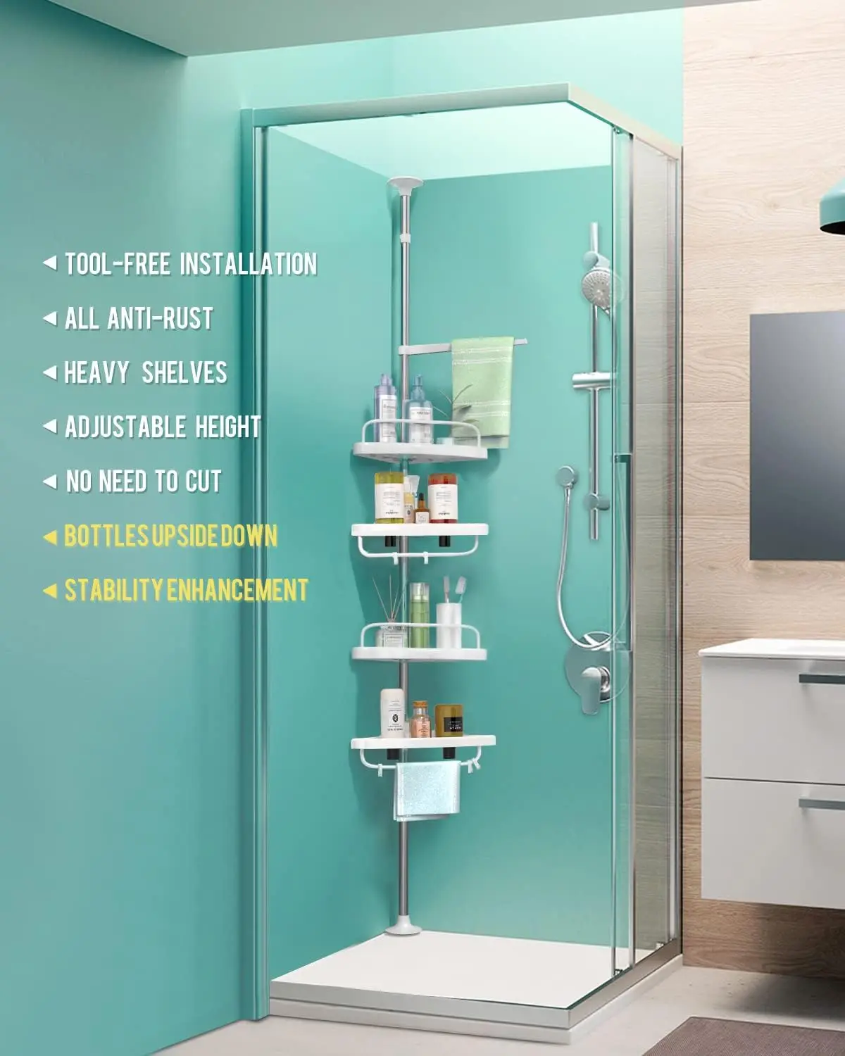 4 Layer Corner Shower Caddy, Adjustable Shower Shelf, Constant Tension Stainless Steel Pole Organizer, Rustproof 3.3 to 9.8ft