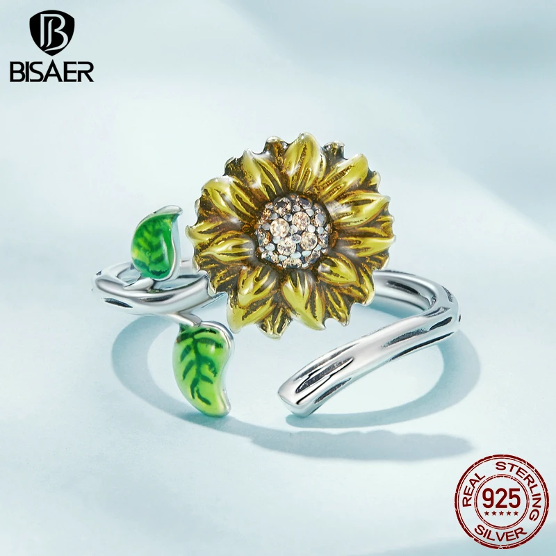 BISAER 100% 925 Sterling Silver Sunflower Open Ring Size 5-9 for Elegant Women Party Enamel Process Fine Jewelry ECR934