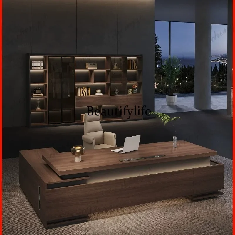 L181 Modern simple light luxury solid wood desk President's office desk and chair with bookcase storage Boss table
