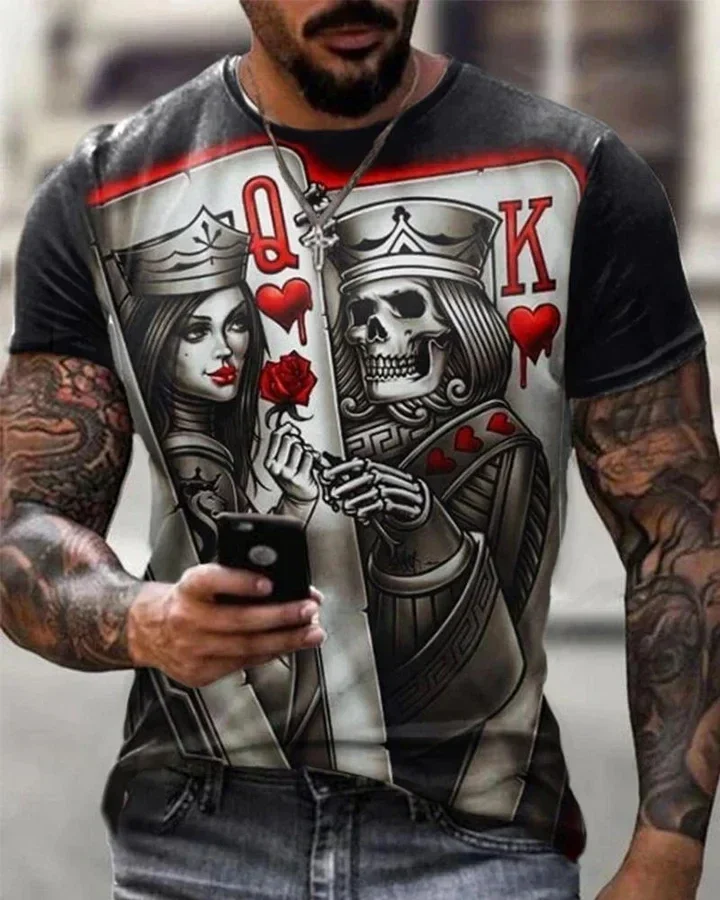 

2023 Summer Men's Printed Casual Crew Neck Short Sleeve T-Shirt Q&K Poker 3D Printed T Shirt