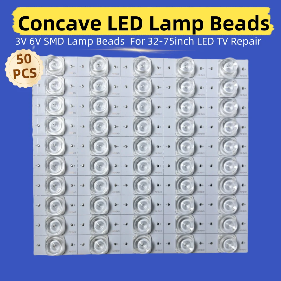 50PCS 3V 6V SMD LED Beads for Repairing 32-75 Inch LED TV Backlight Strips, Concave Lens LED with Optical Lens, Compatible with