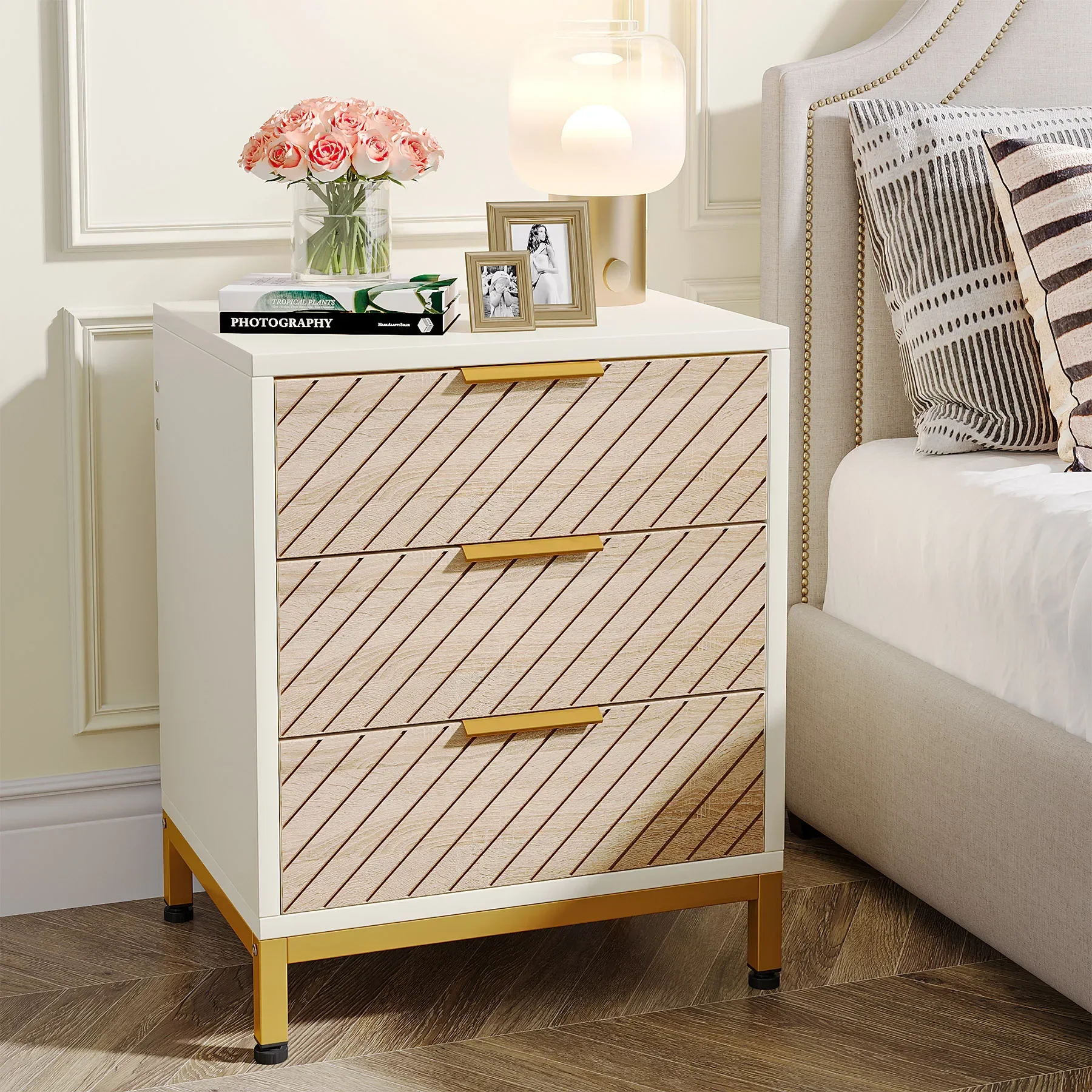 Tribesigns Night Stands for Bedrooms, White and Gold Light Wood Grain Nightstands with 3 Drawers Bedside Tables