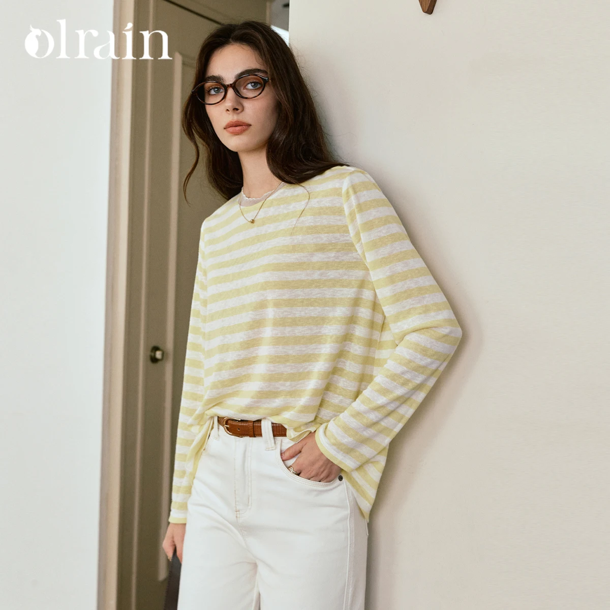 

OLrain Striped Woman T-Shirts 2025 Autumn Knitted O-Neck Embroidery Long Sleeve Pullovers New Casual Clothes O57QT99693