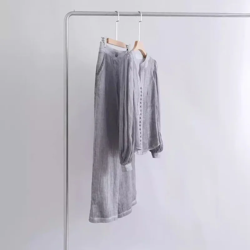 

New Summer Ramie Shirt Straight Pants Suit Two-piece Set for Women