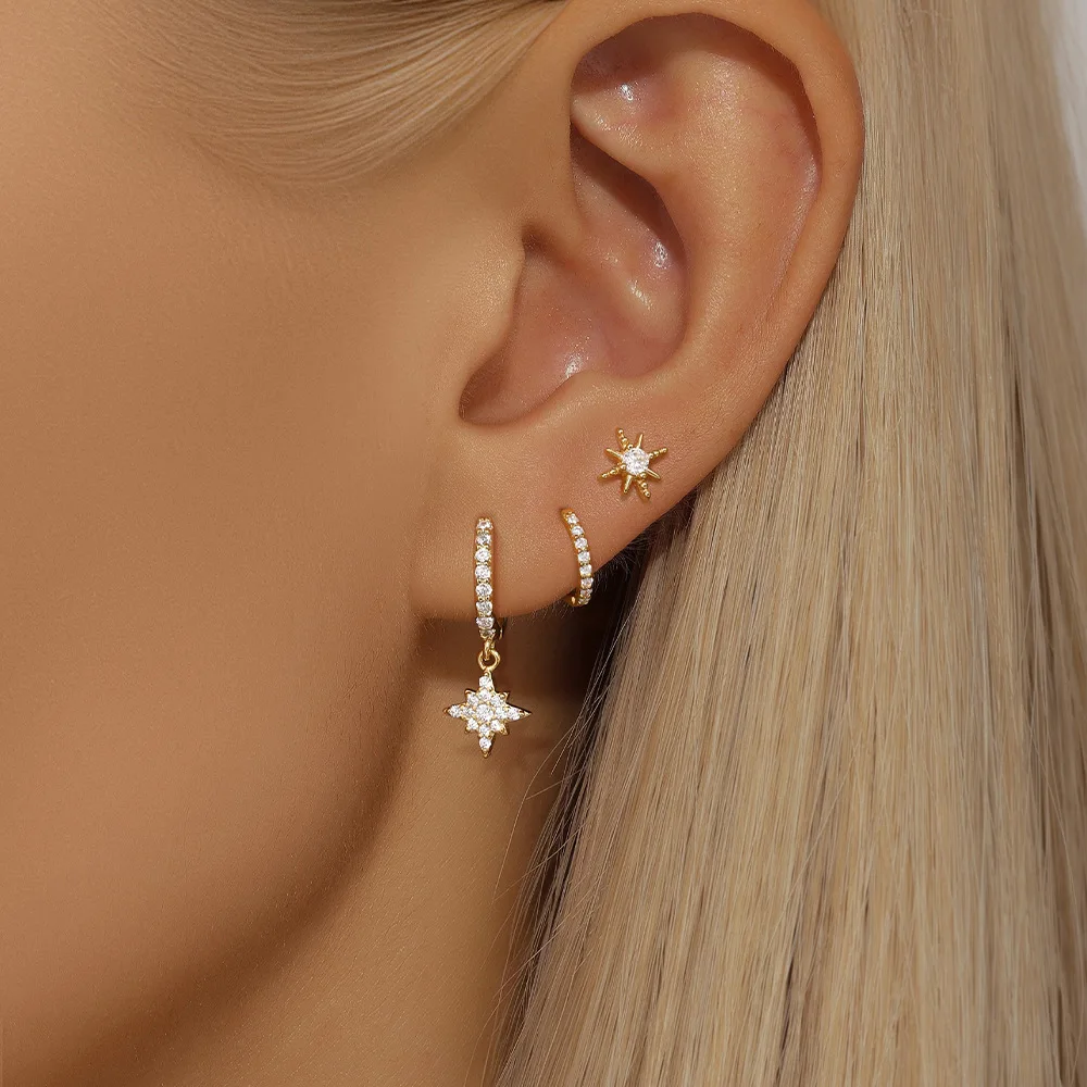 3pcs/set Classic Small Round Circle Huggies Earrings for Women Vintage Octet Star Zircons Stud Earring Stacks Party Jewelry Gift