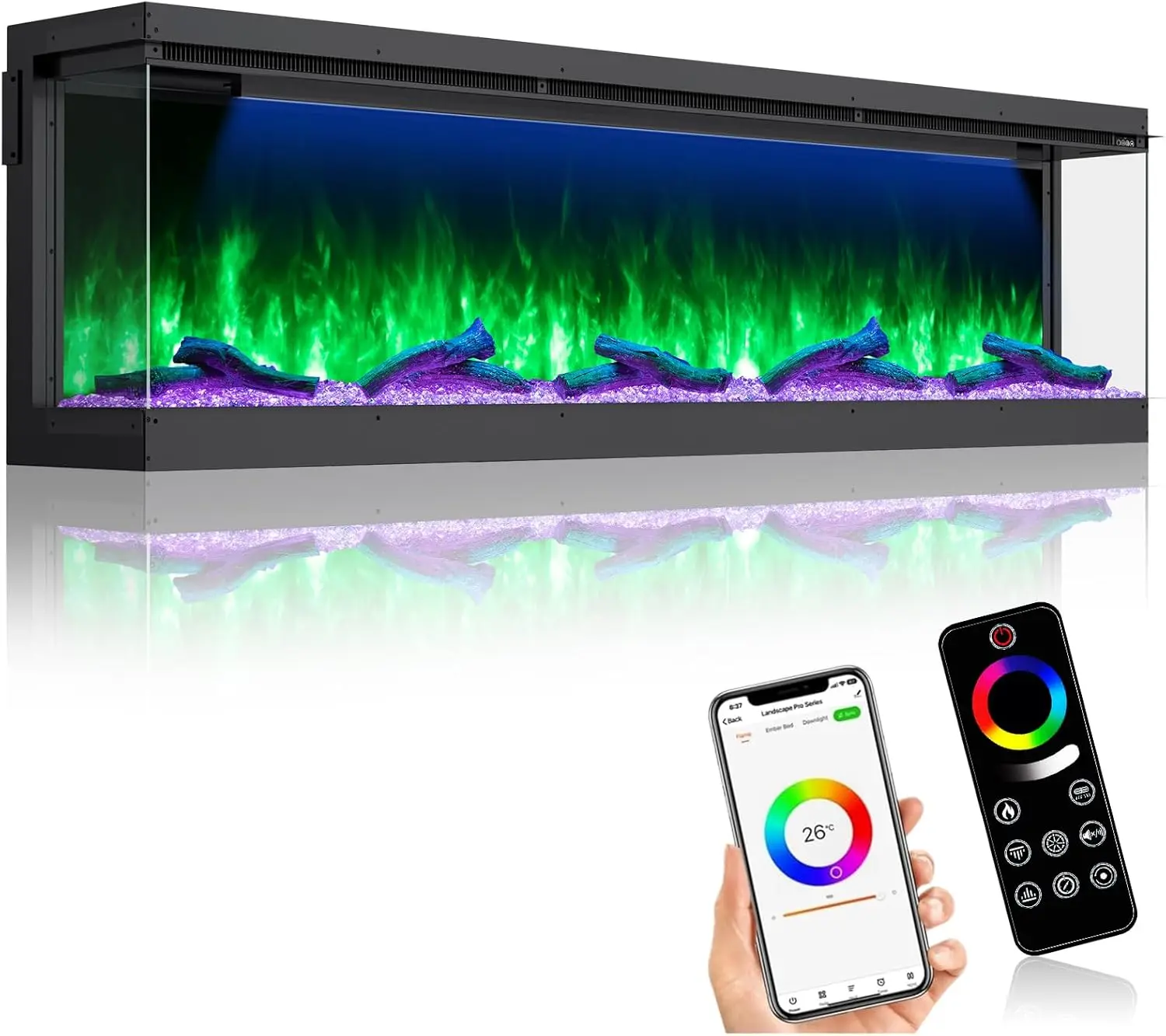 70 Inch 3 Sided Smart WiFi Recessed Electric Fireplace Insert 251 RGB Flame Dual 750W 1500W Heater App Remote ETL