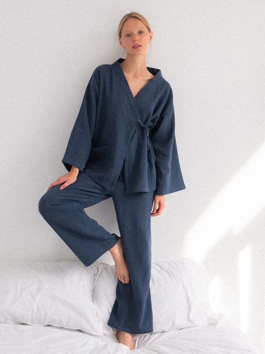 Marthaqiqi Cotton Women Sleepwear Set Sexy V-Neck Pajama Long Sleeve Nightie Lace Up Nightgowns Pants Casual Ladies Pyjamas Suit