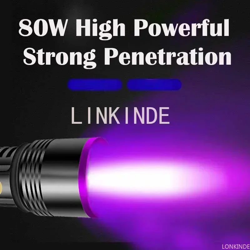 High-Power 80W New Portable Black Mirror UV Flashlight 365nm Identification Purple Light Flashlight Type-C Rechargeable by 26650