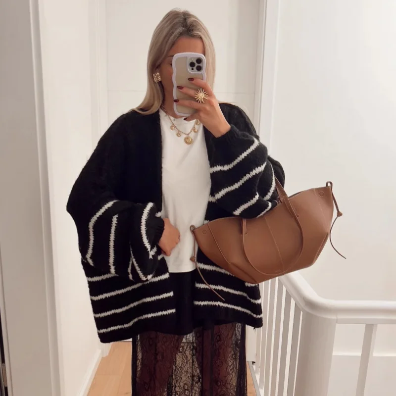 

Knitted Cardigan Loose Color-Block Striped Sweater