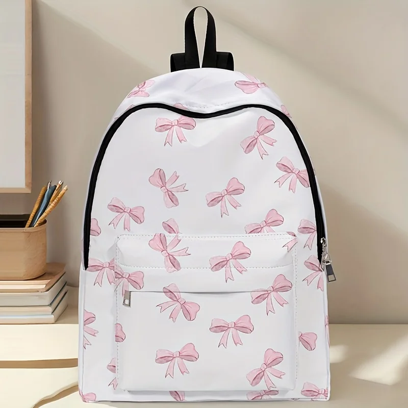 Pink Bow Print Backpack Suitable for Men Women Durable Foldable School Travel Backpack with Bow Accent Neutral Style