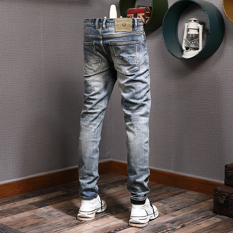 Projektant mody męskie jeansy wysokiej jakości niebieskie w stylu Retro Stretch elastyczne Slim Fit porwane jeansy męskie spodnie Vintage spodnie dżinsowe Hombre