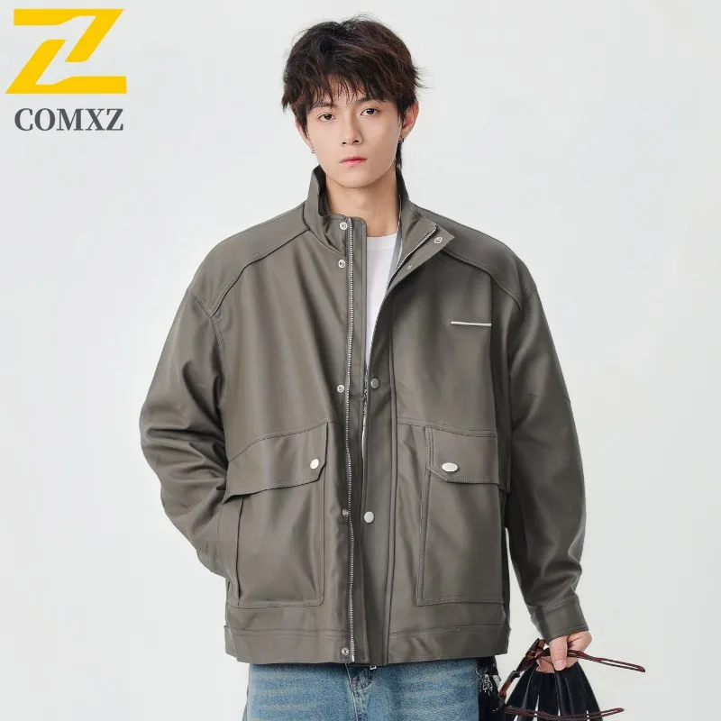 

COMXZ 2025 рабочая одежда с воротником-стойкой, кожаное пальто, мужская осенне-зимняя рабочая куртка с большим карманом, трендовая японская винтажная цена, контроль 219