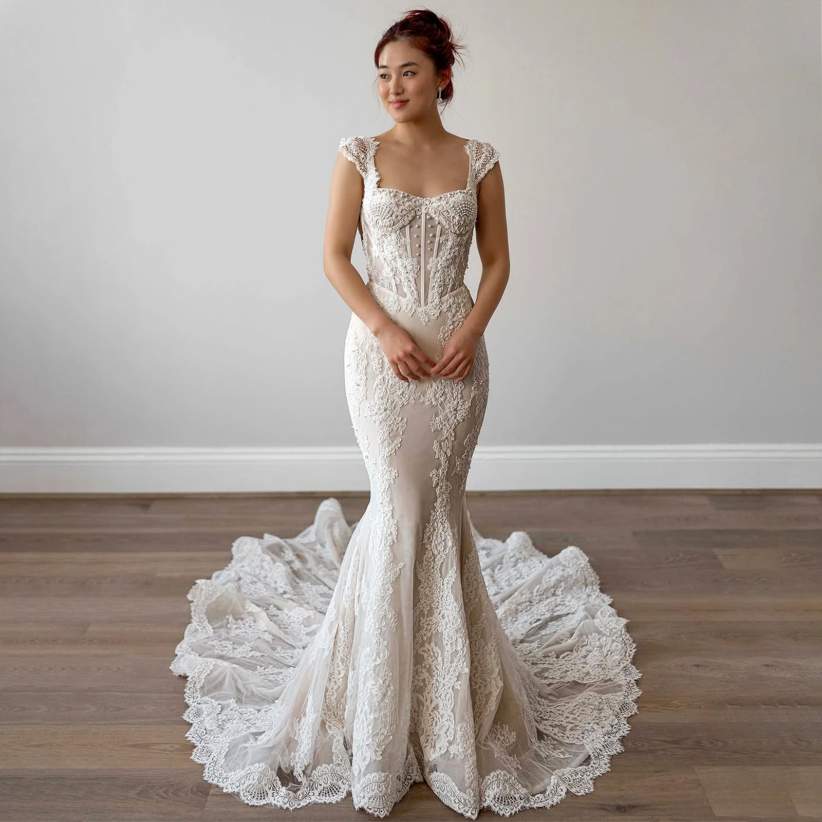 Fishtail Lace Dress Bohemian Wedding Dress Slip Dress With Long Train for Engagement and Wedding