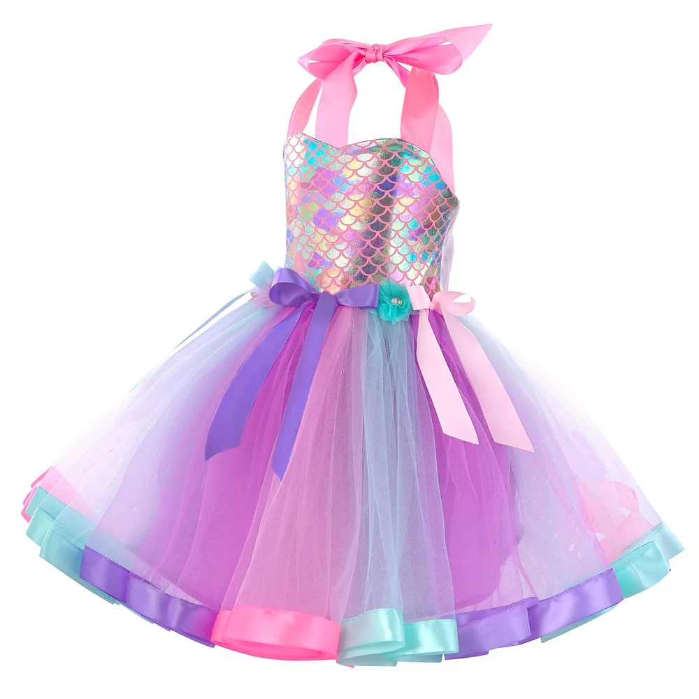 Girls Mermaid Tutu Dress Under the Sea Theme Birthday Party Halloween Cosplay Costumes with Flower Headband