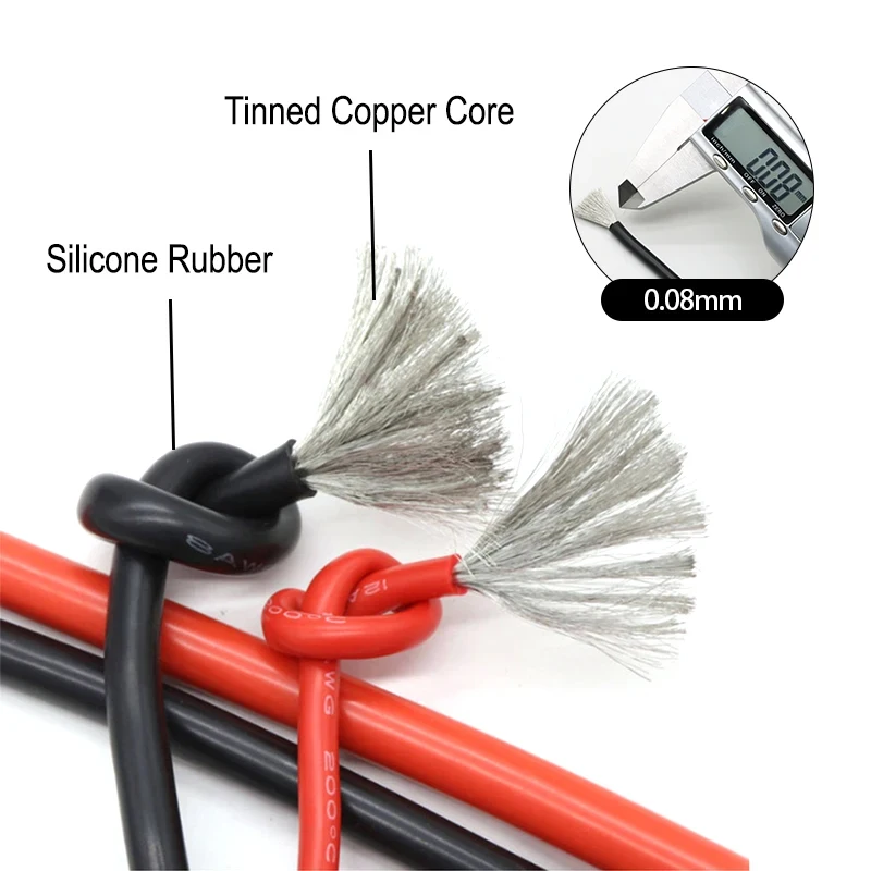 5/10m 2Pins Red Black Silicone Cable 30 28 26 24 22 20 18 16 15 14 12 10 8AWG High Temperature Resistant Soft Tinned Copper Wire