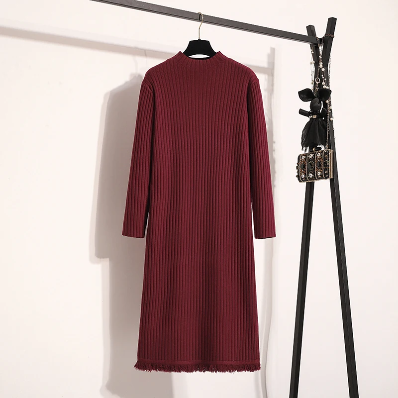 Women Basics Long Sleeves Elegant O-neck Chic Tassel Slim A-line Knitted Dresses French Office Autumn Winter Plus Size Clothing