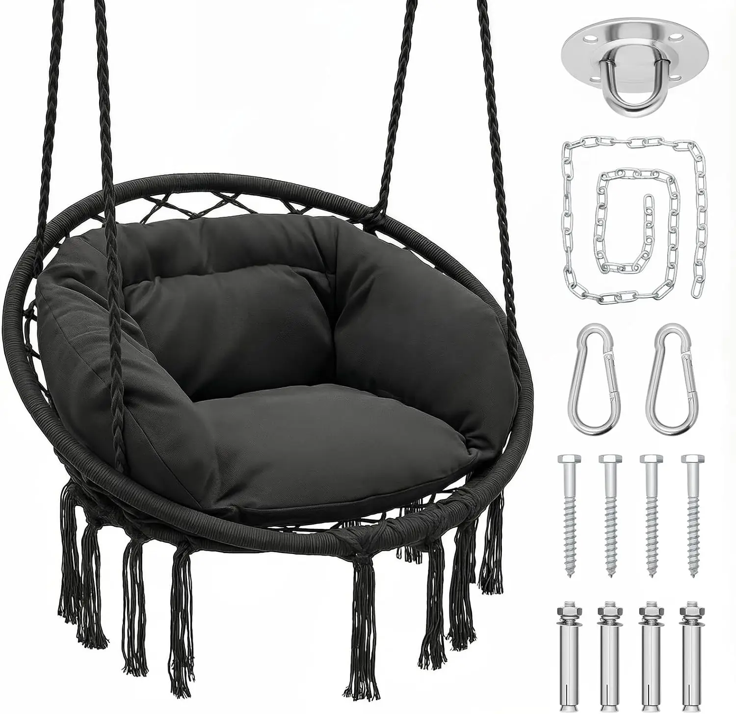 Macrame Hanging Hammock Chair with Cozy Full Cushion, Black
