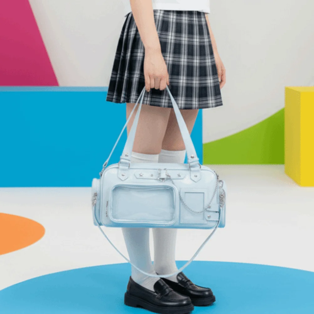 Multi Pocket Clear Ita Bag Glossy Surface Metal Chain School Uniform Tote with Removable Insert Star Eyelet Badge Display Purse